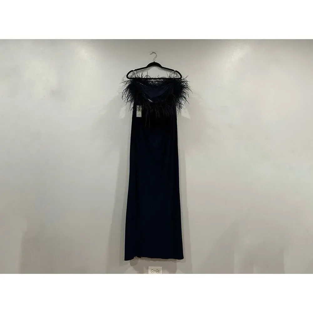 Alex Evenings Off-the-Shoulder Jersey Gown Slit Maribou Feather Trim Navy 14 NEW